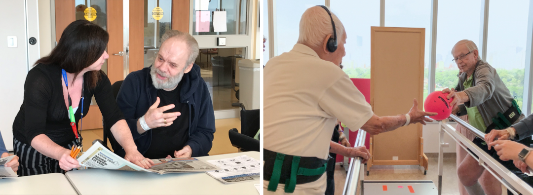 Two separate photos next to each other. One shows a patient and member of the clinical team at a table discussing a newspaper. The second photo shows an exercise where two patients are standing holding onto railings and passing a ball to each other.