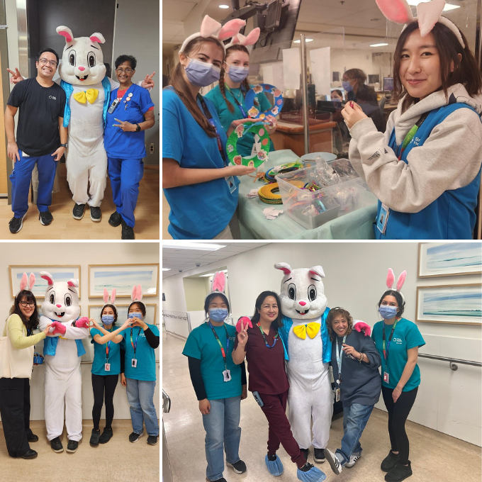Alt text: A collage of images of hospital employees and volunteers with a “spring bunny” and one photo of employees showing Easter crafts they worked on with patients.