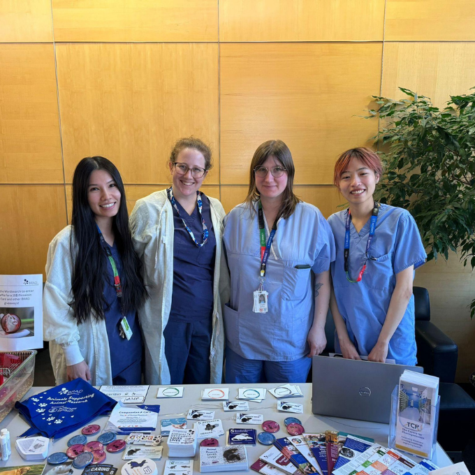 A group of four women standing behind a table. The table has promotional materials including brochures, stickers and buttons. The women are wearing blue srubs