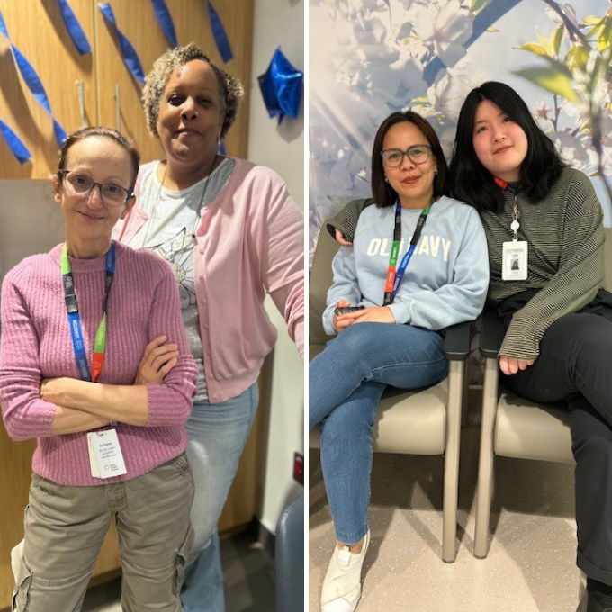 A collage of two photos next to each other. One has two women standing next to each other smiling at the camera. The photo on the right has two women sitting in chairs next to each other looking at the camera, smiling.
