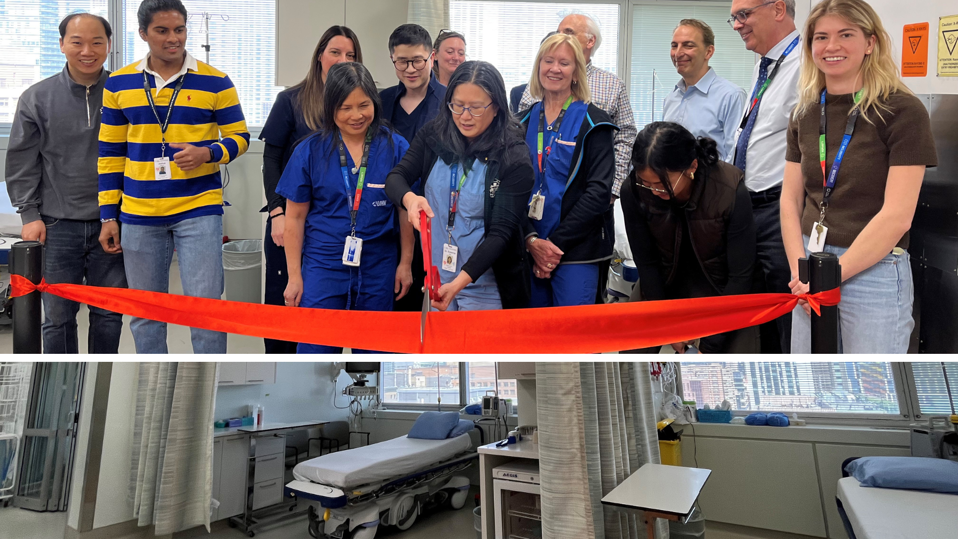Composite photo of one photo on top of another. The top photo shows a ribbon cutting with a group of people gathered around and one person cutting the ribbon with a large pair of scissors