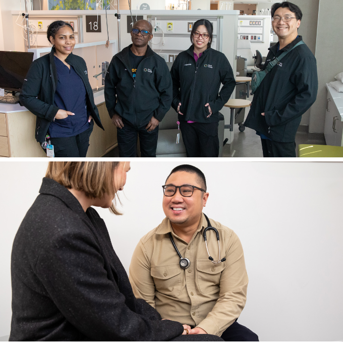 Collage of two photos. One on top is a group photo of four nurses wearing matching dark scrubs and sweatshirts.
