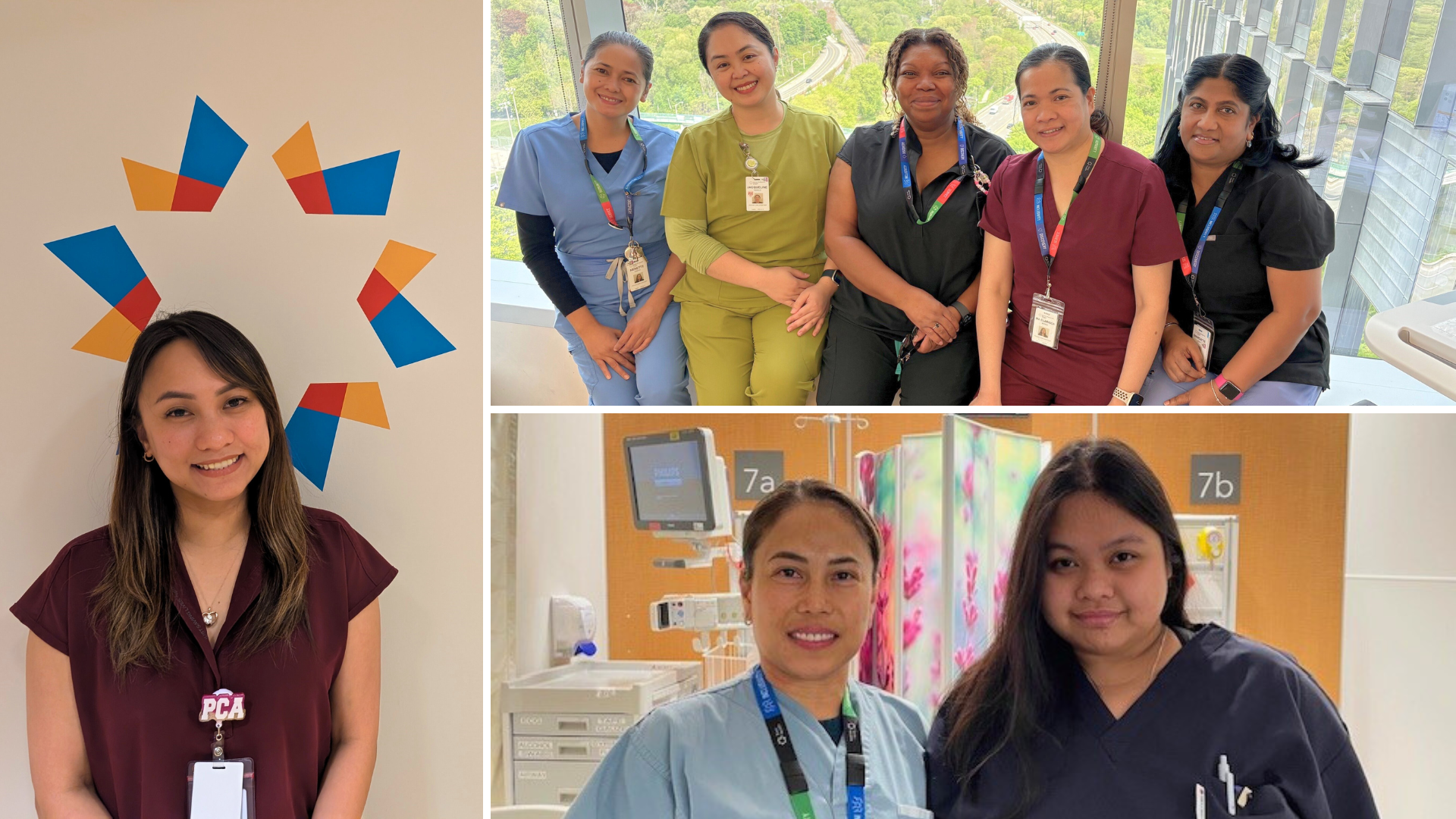 Composite of three photos of health care workers in scrubs