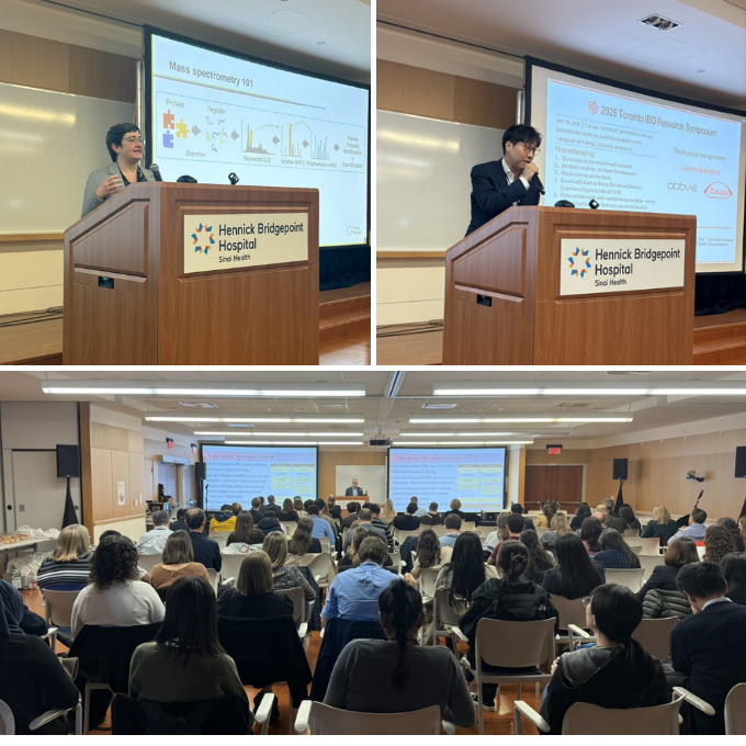 Collage of three photos, two are of people standing behind a podium giving presentations and the other shows a view of the audience from behind, looking up to the front where the podium is.
