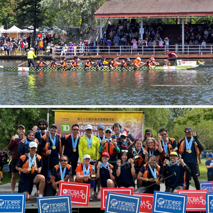 A collage of two photos. One is Hennick Bridgepoint’s Dragon Boat team participating in a race and the other is a group photo of the team members wearing their medals. 