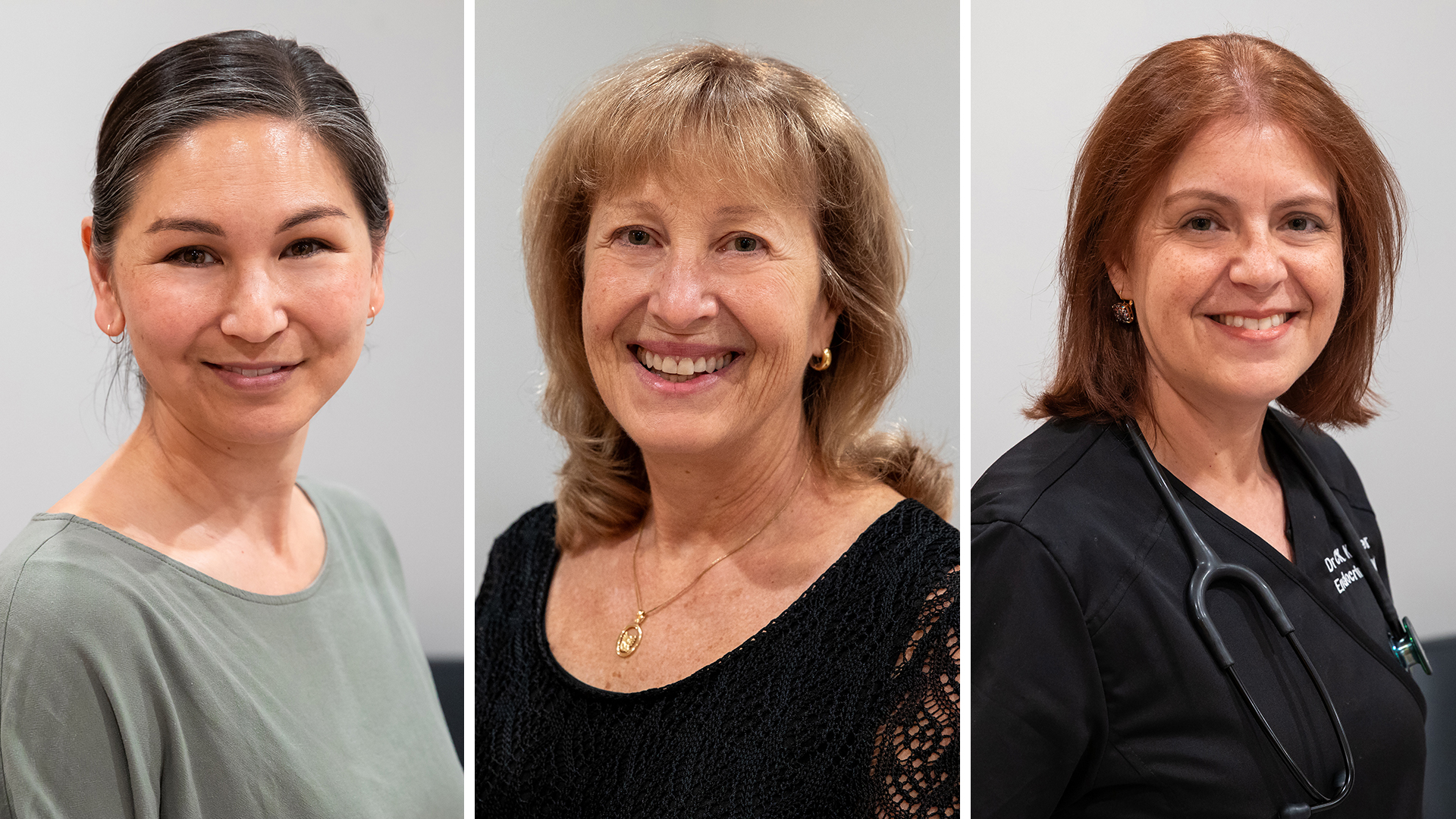 A triptych portrait of three women from the previous image: a woman in a sage green top on the left, a woman in a black lace top in the center, and the endocrinologist in black medical scrubs on the right. All are smiling and well-lit against a neutral background.
