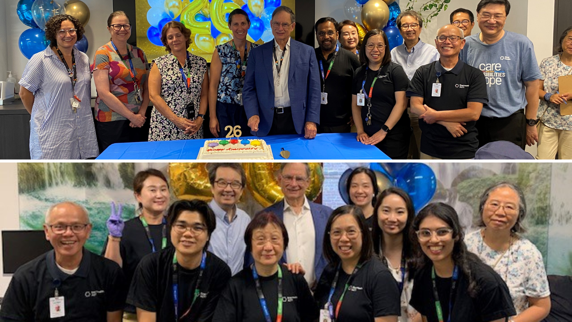 Collage of two group photos of people celebrating a 26th anniversary the top photos is people standing in front of a cake on a table. The bottom photo is a group of people in two rows. They are looking at the camera smiling