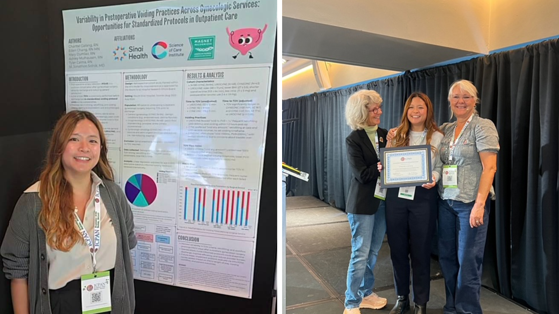Two photos side by side. In one, Chantel Galang stands in front of a research poster mounted on a wall. She is looking at the camera, smiling. In the other Chantel is holding a certificate standing with two other women. 