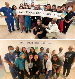 composite of two images, one on top of the other. Both images are of groups of health-care professionals standing in two rows in a hospital hallway. They are looking at the camera smiling. There is a sign that says second floor EDDs are live in the image.