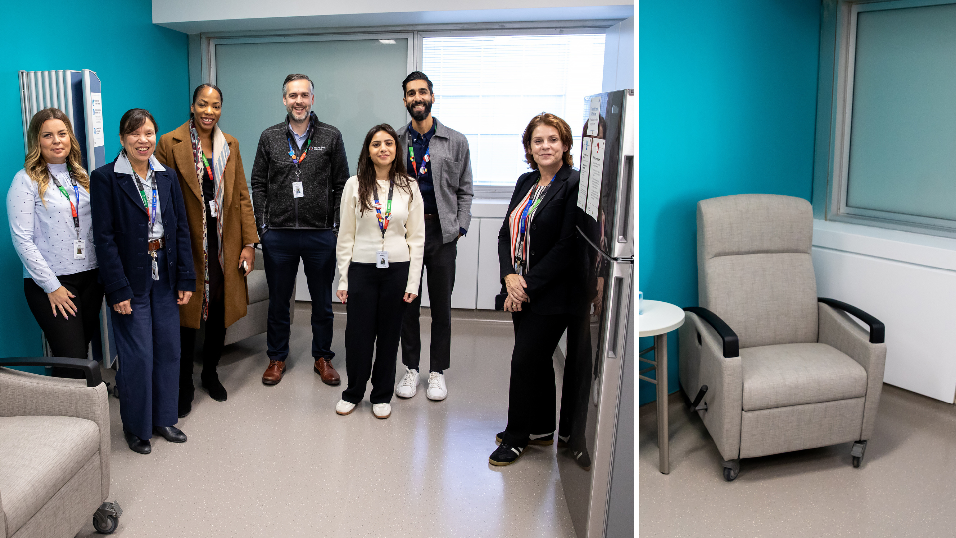 Composite of two photos. On the left a group of people including leaders, stand in the new lactation room, which has a fridge and recliner chairs. On the right is a view of one of the chairs
