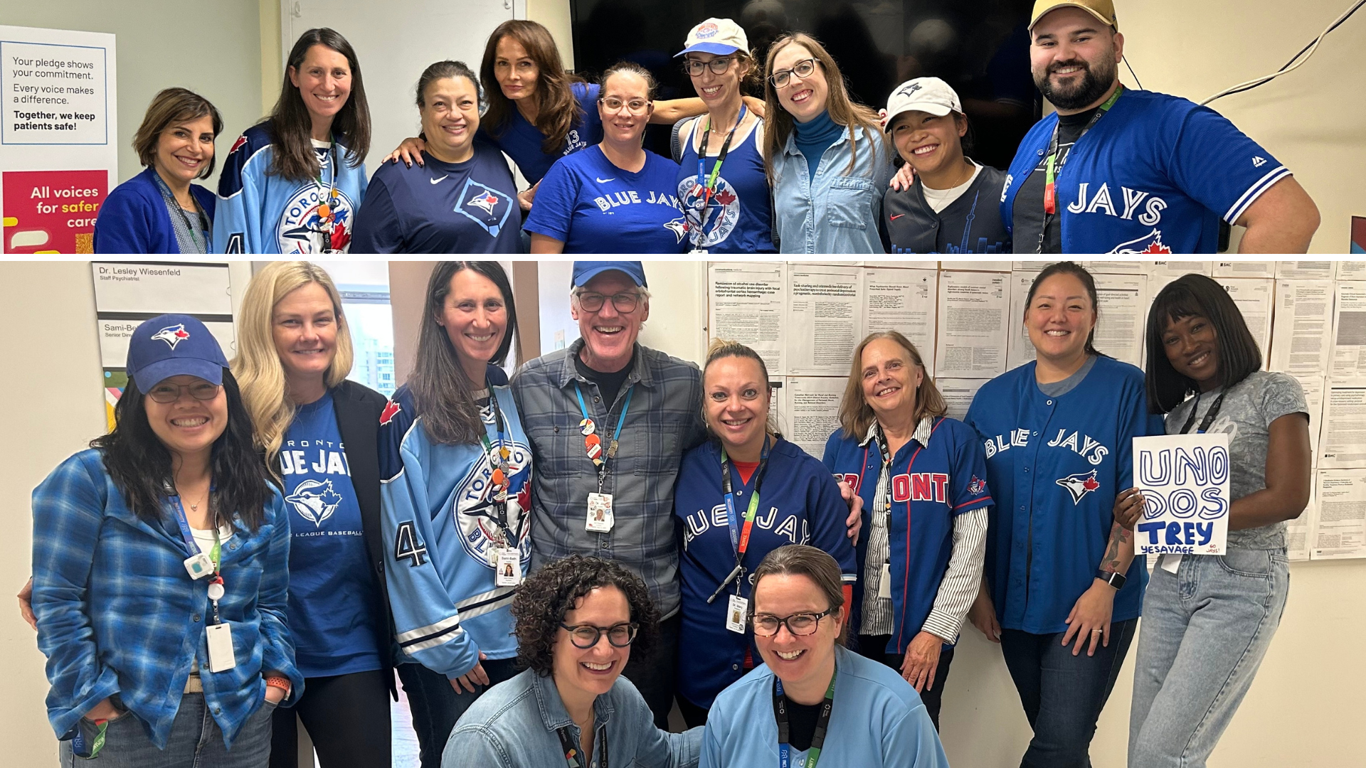 Two group portraits one on top of the other, show members of the Psychiatry and Mental Health Teams dressed in Blue Jays gear to support the team during the World Series