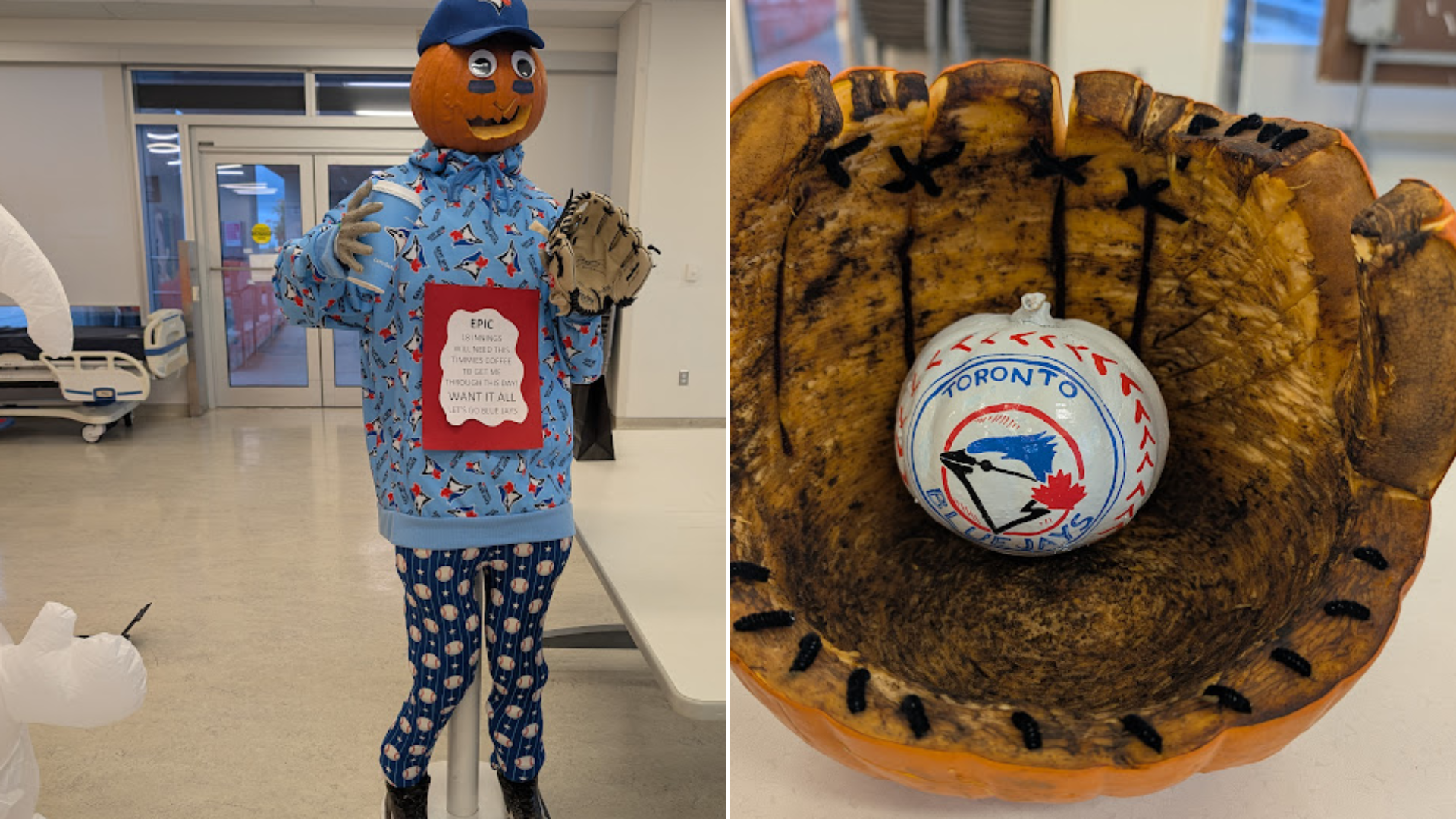 Two images show carved pumpkins. One is carved with a face the other is carved to look like a baseball catching mitt