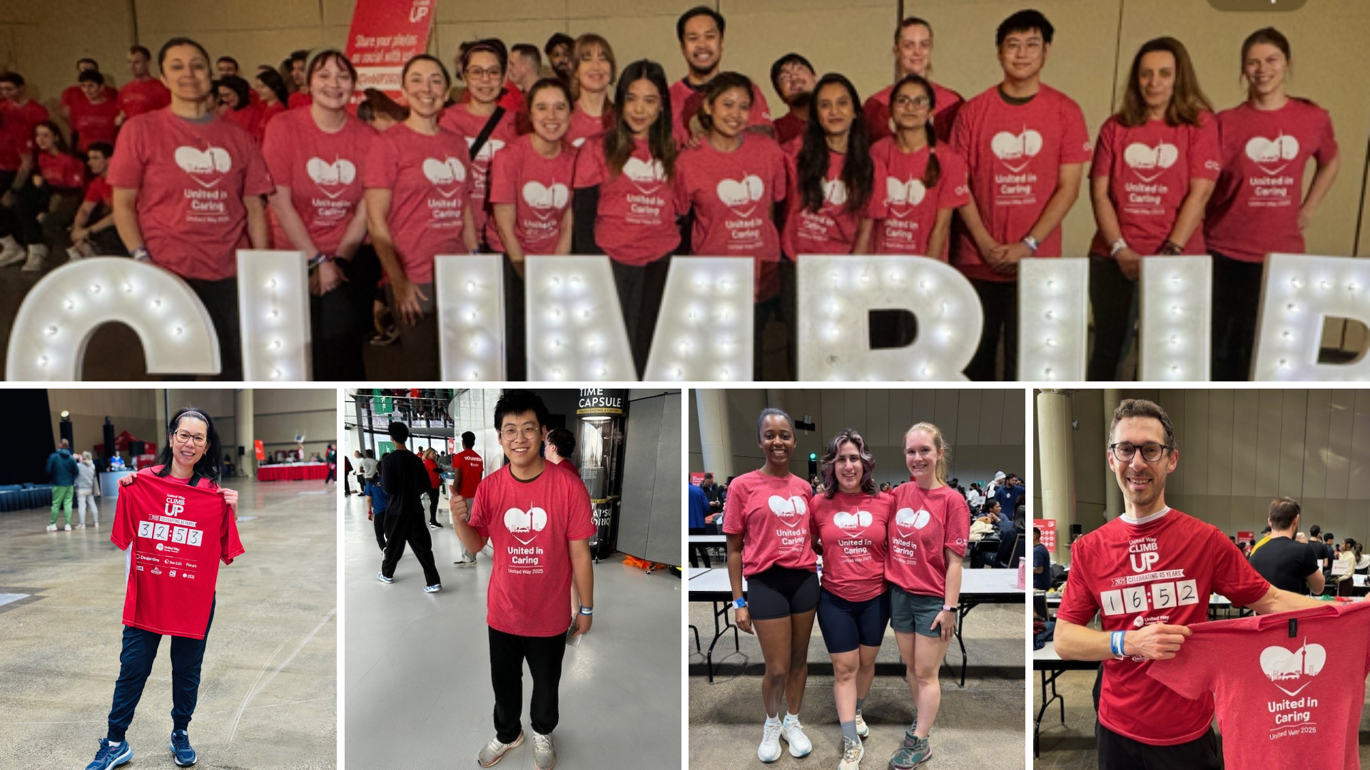 composite of multiple images. At the top is a large group of people who participated in the CN Tower stair climb, they are wearing red shirts and standing behind a sign that says Climb Up. Below the group photo is a series of photos of individuals holding up their shirts.
