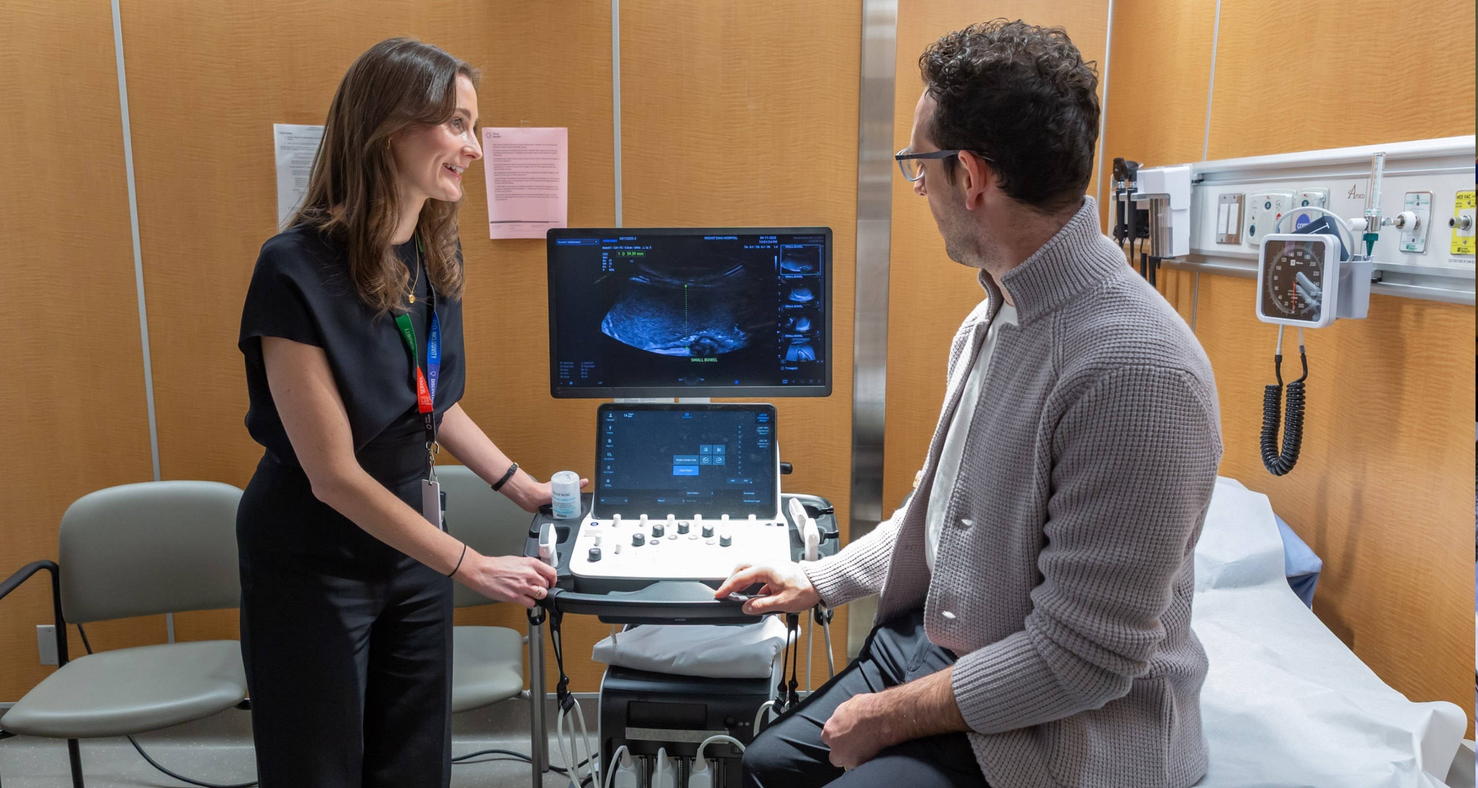 Drs. Zane Gallinger and Cathy McShane with the intestinal bowel ultrasound, a state-of-the art diagnostic tool to help with managing the course of IBD.