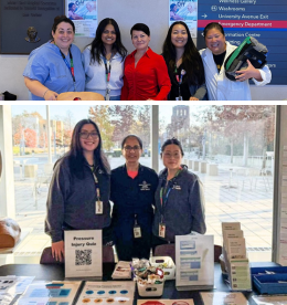 Two images of groups of health care professionals one shows a table with signs and information and candies.
