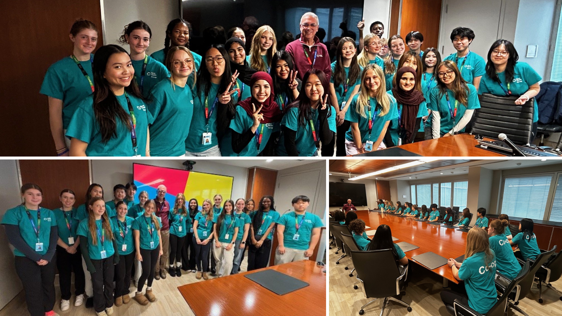 collage of three images of high school co-op students. There are two group photos of the students in a group with Sinai Health president and CEO Dr. Gary Newton in the image. One photo shows the students sitting around a board room table listening to Dr. Newton speak
