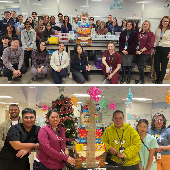 Two photos placed one on top of the other. The top photo is a large group  photo of members of the Pharmacy team at Mount Sinai standing with a stack of boxes of snacks wrapped in a ribbon. Below is a photo of a smaller group of the team on the 7 South unit at Hennick Bridgepoint also with boxes of snacks tied in ribbon. 
