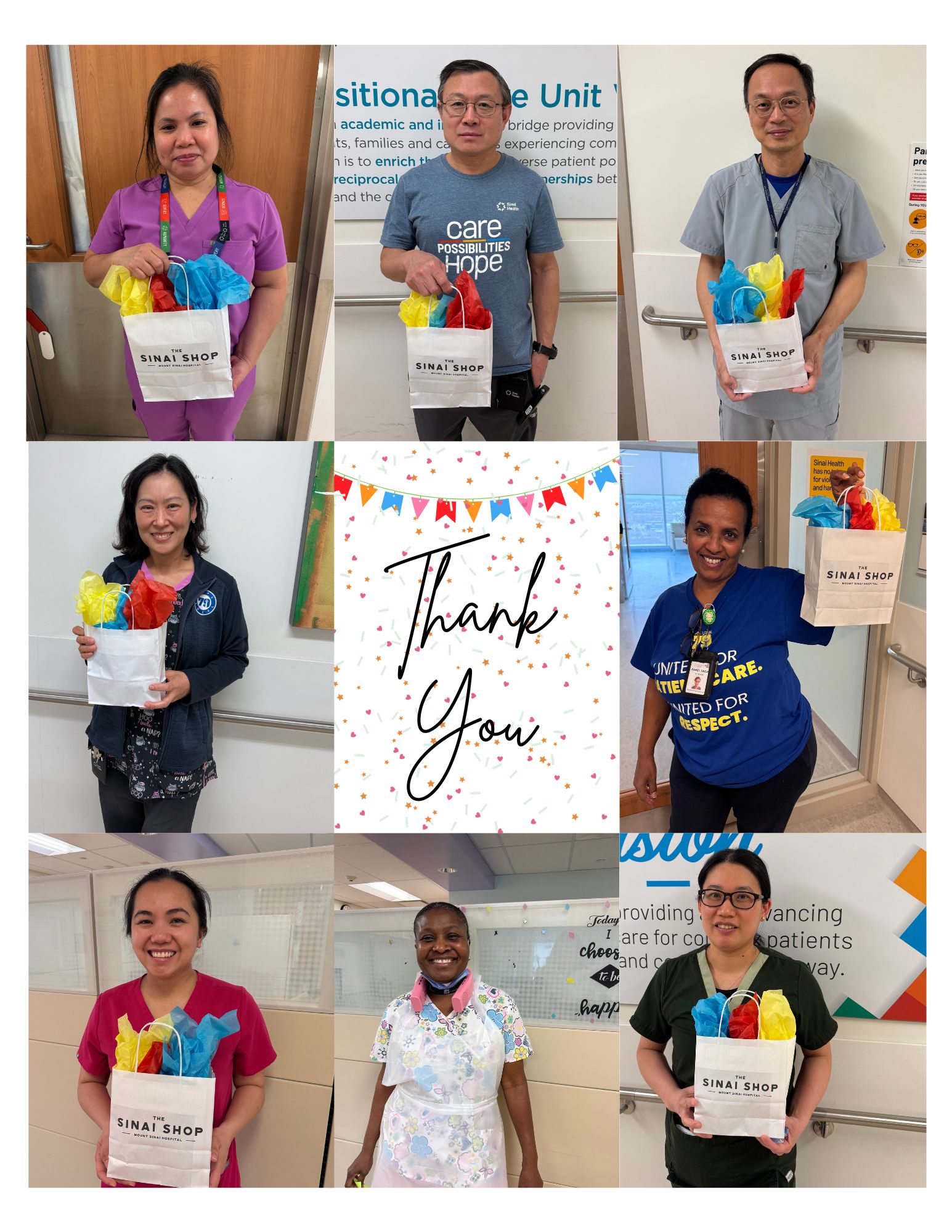 a collage of individual health-care worker photos. Each person is wearing scrubs and standing in the hallway of the hospital. They all have gift bags that say "Sinai Shop" on them. The photos are in a rectangle around a central image of the word "Thank You" written in script on a white background.