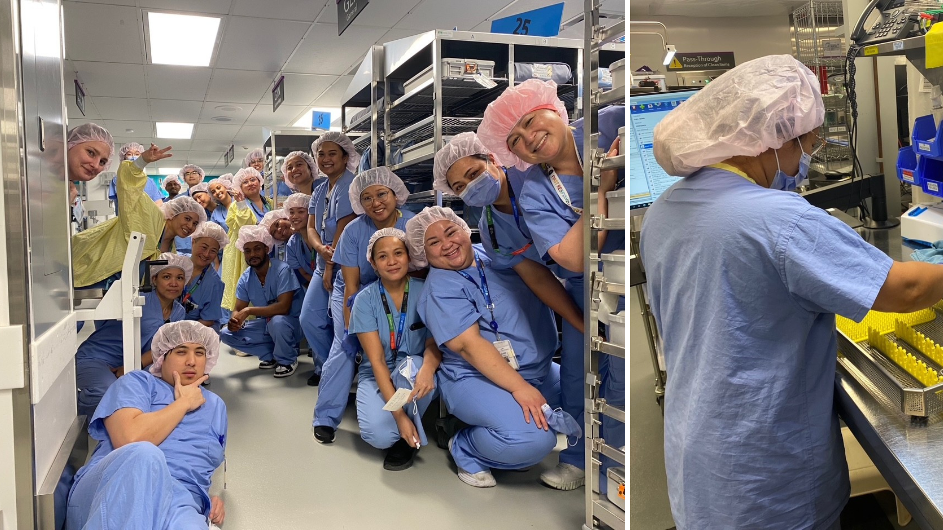 Two images together, on the left is a large group of health care professionals. They are wearing scrubs and pink hair nets. They are posing in an aisle between shelves holding metal trays in their workspace.  The photo on the right shows an employee in scrubs and a pink hairnet working with their back to the camera