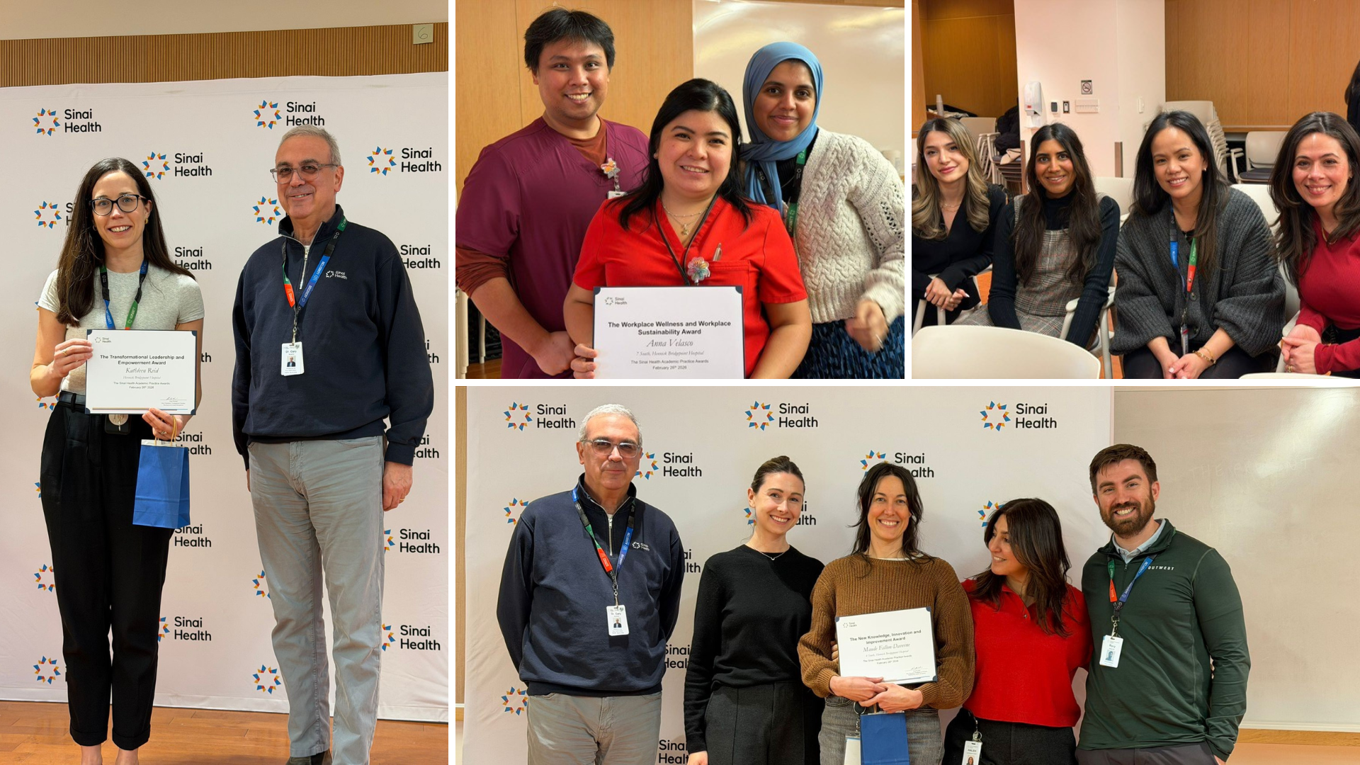 Collage of four images of employees at Sinai Health participating in an awards presentation event. There are photos of people holding up their certificates, and people sitting or standing in small groups, looking at the camera smiling 