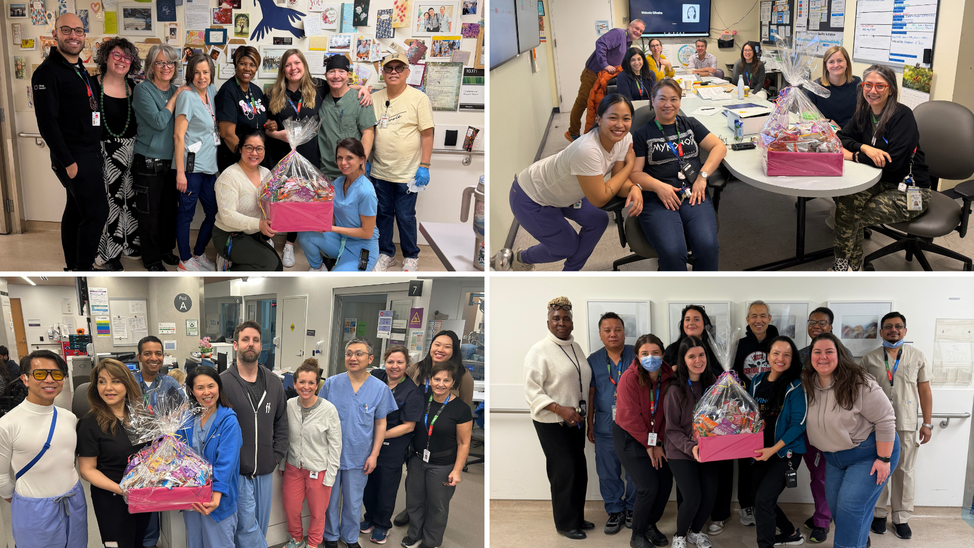 four different group photos together. Each photo shows a team from a unit at Hennick Bridgepoint or Mount Sinai Hospitals with a large gift basket.