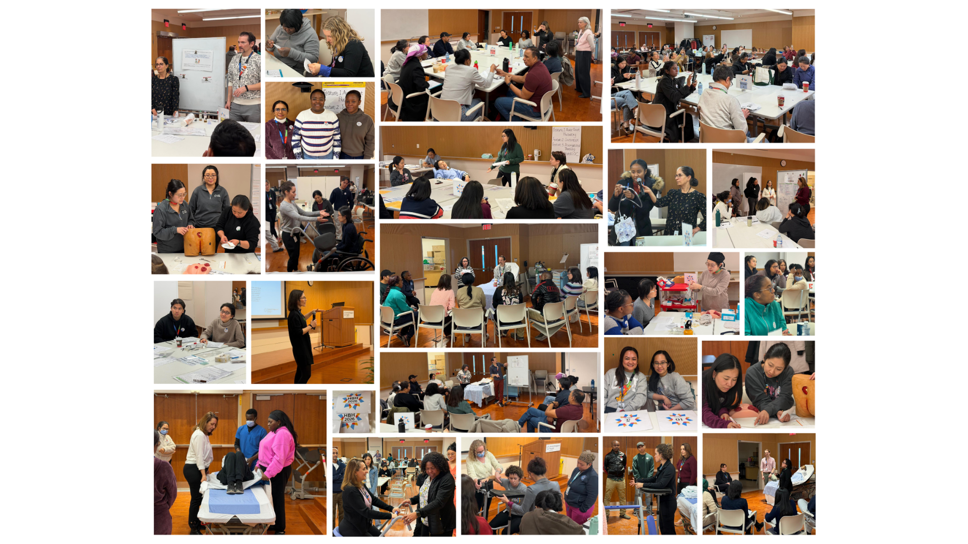 A collage of candid photos of people participating in nursing education day in a large auditorium. 