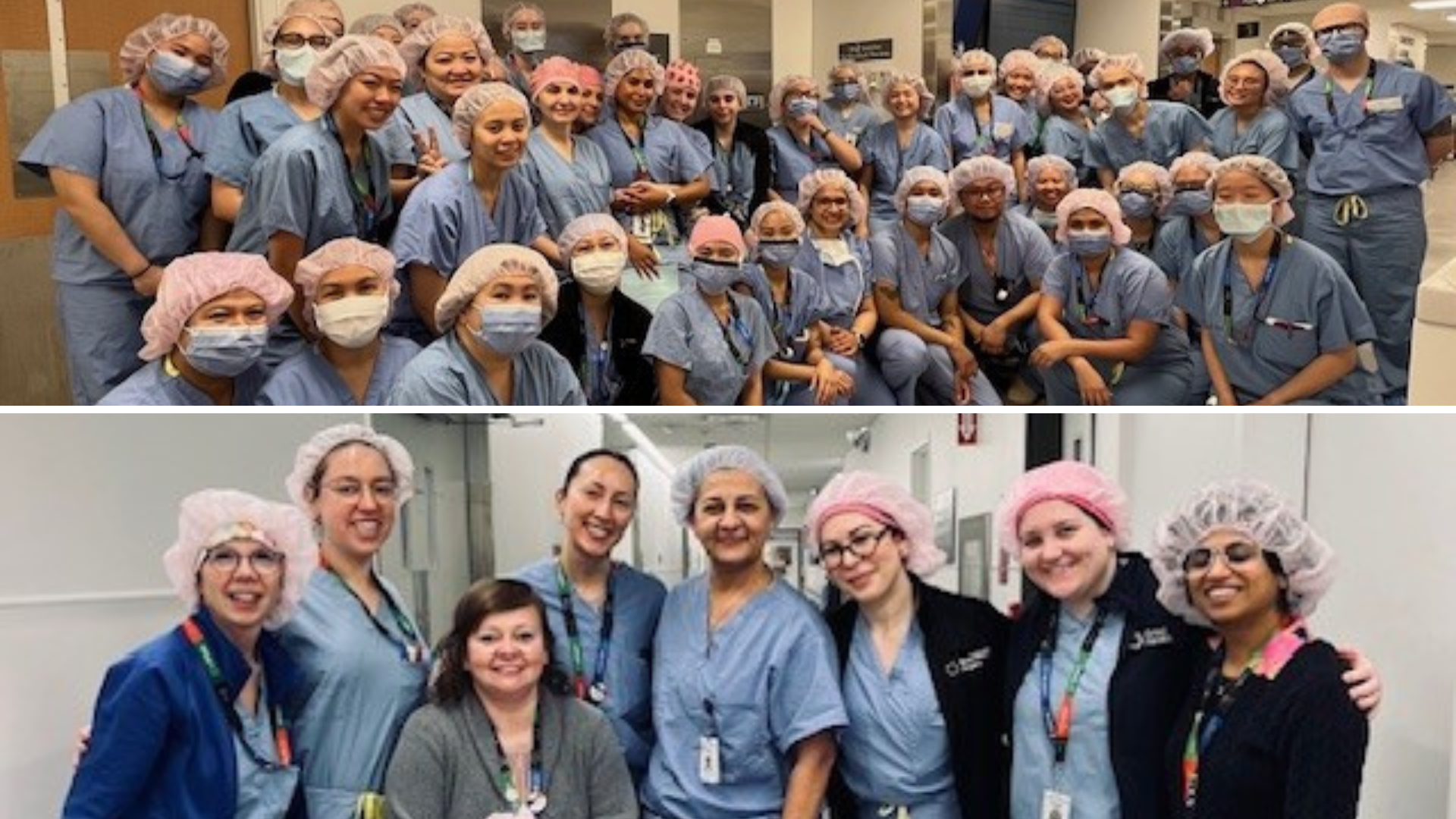 Two photos, one has a large group of employees in scrubs wearing pink scrub caps. they are looking at the camera, smiling. Some are wearing medical masks. Another photo below that one has a smaller group of employees, standing in a corridor. Some are wearing scrubs with the pink scrub hats. 