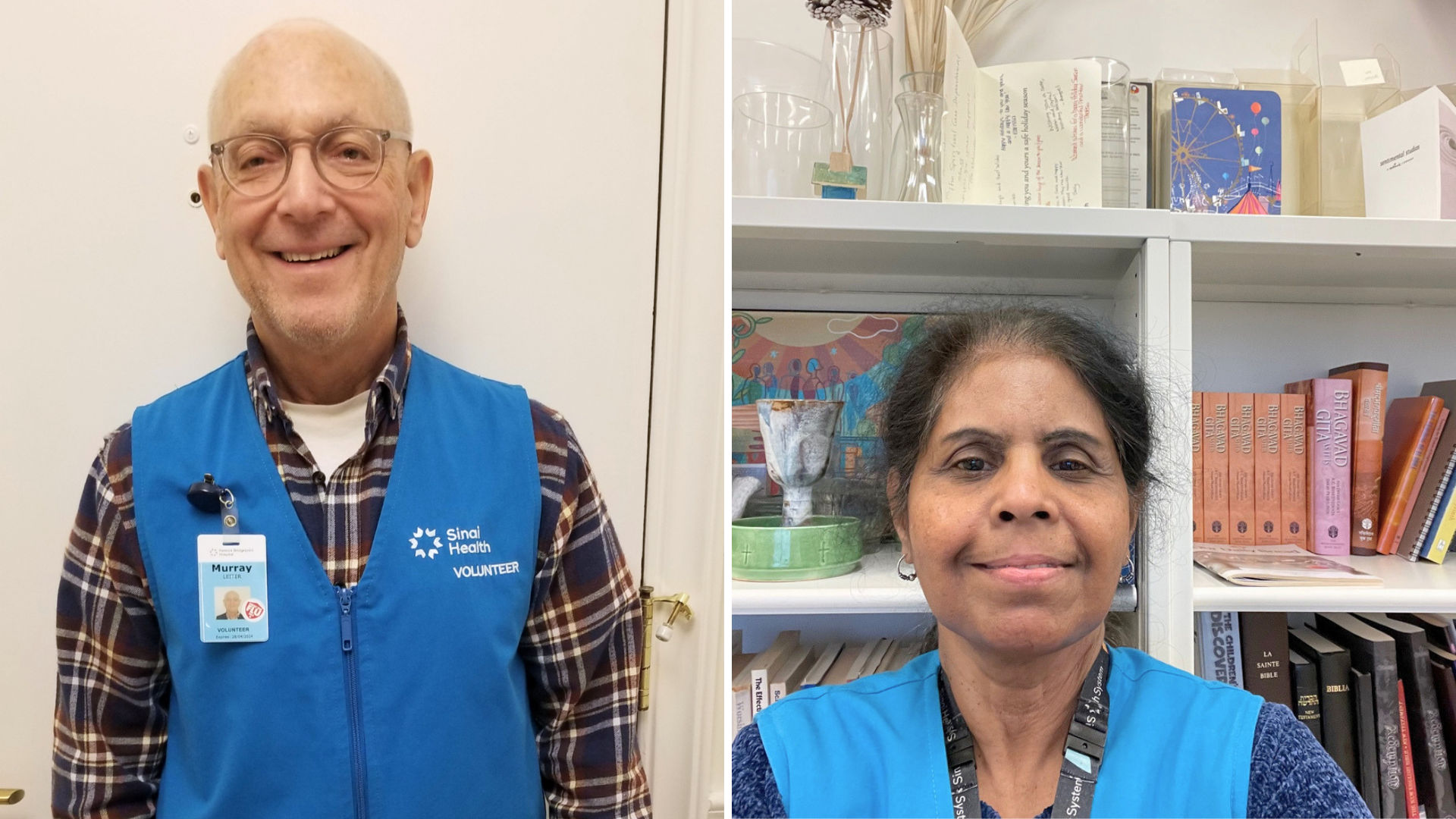 Headshots of two volunteers, they are standing, looking at the camera and smiling. they are both wearing turquoise vests