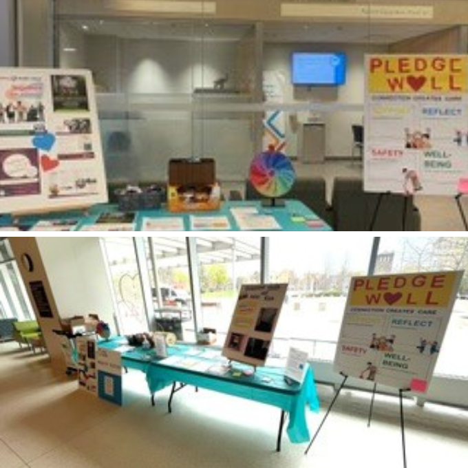 Two photos, one on top of the other, showing the Health and Safety Week tables for Sinai Health people at Mount Sinai and Hennick Bridgepoint Hospitals