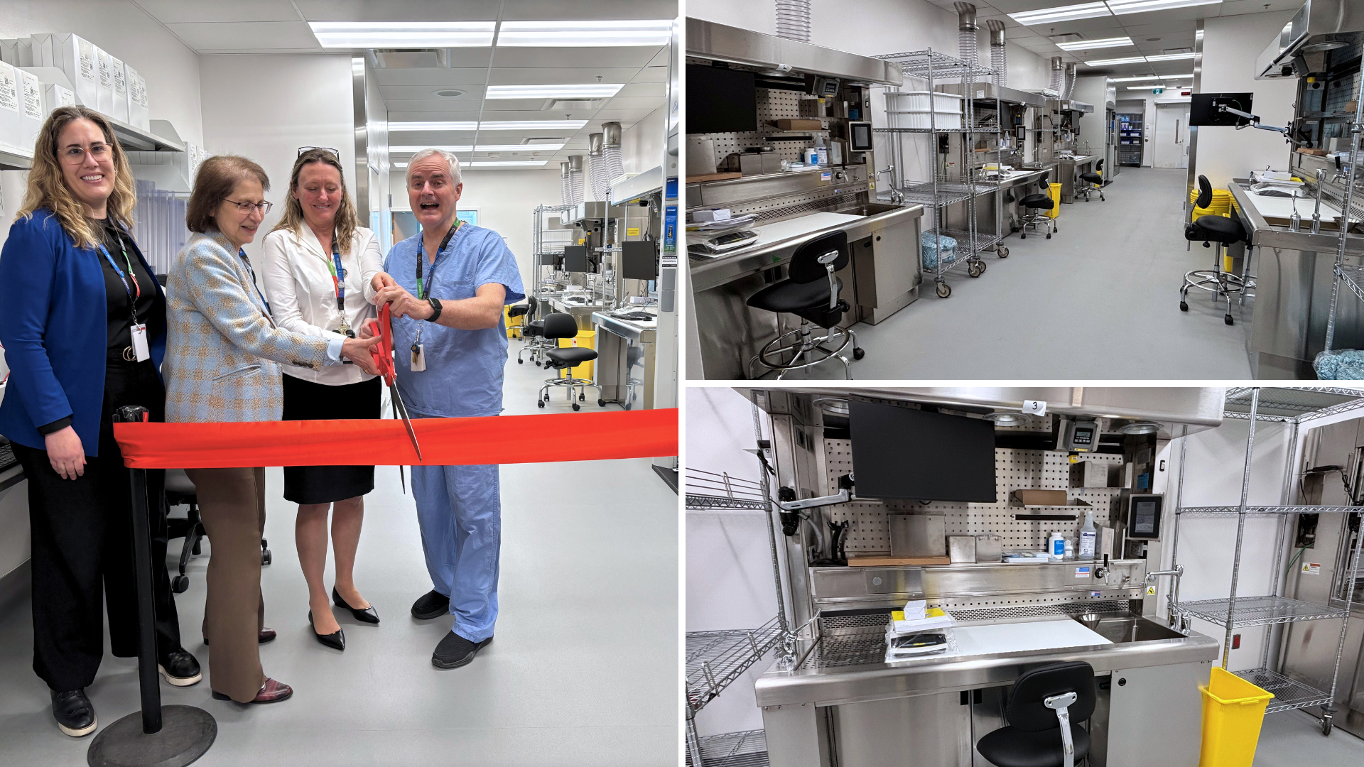 Four people hold an oversized pair of scissors as they cut a large red ribbon that extends across part of a newly renovated lab space. One of the people is wearing medical scrubs and  the others are wearing business attire. They are looking at the camera, smiling. 