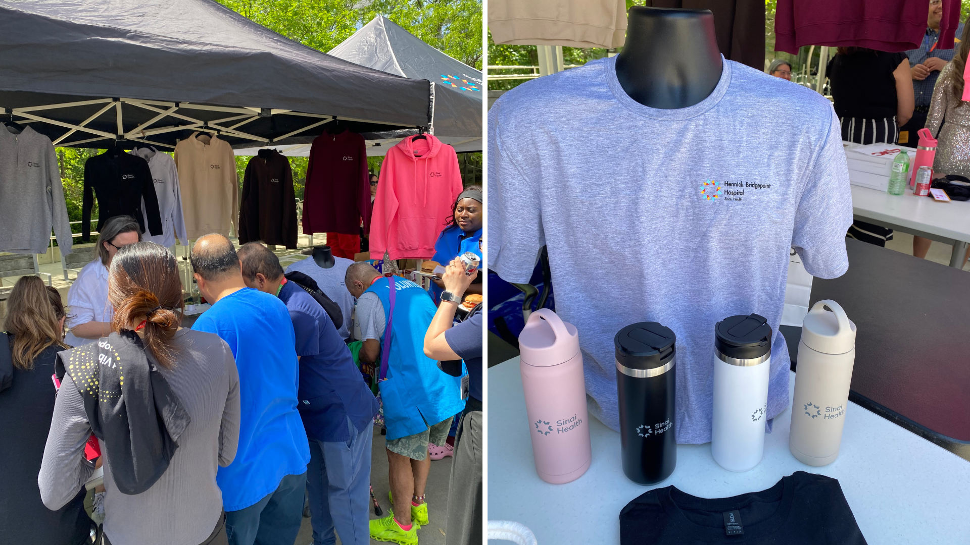 Two photos next to each other. On the left is a table at the people appreciation bbq. A crowd of people has gathered to enter a draw. In the other photo there is a sample of branded Hennick Bridgepoint merchandise, a grey shirt and water bottles. 