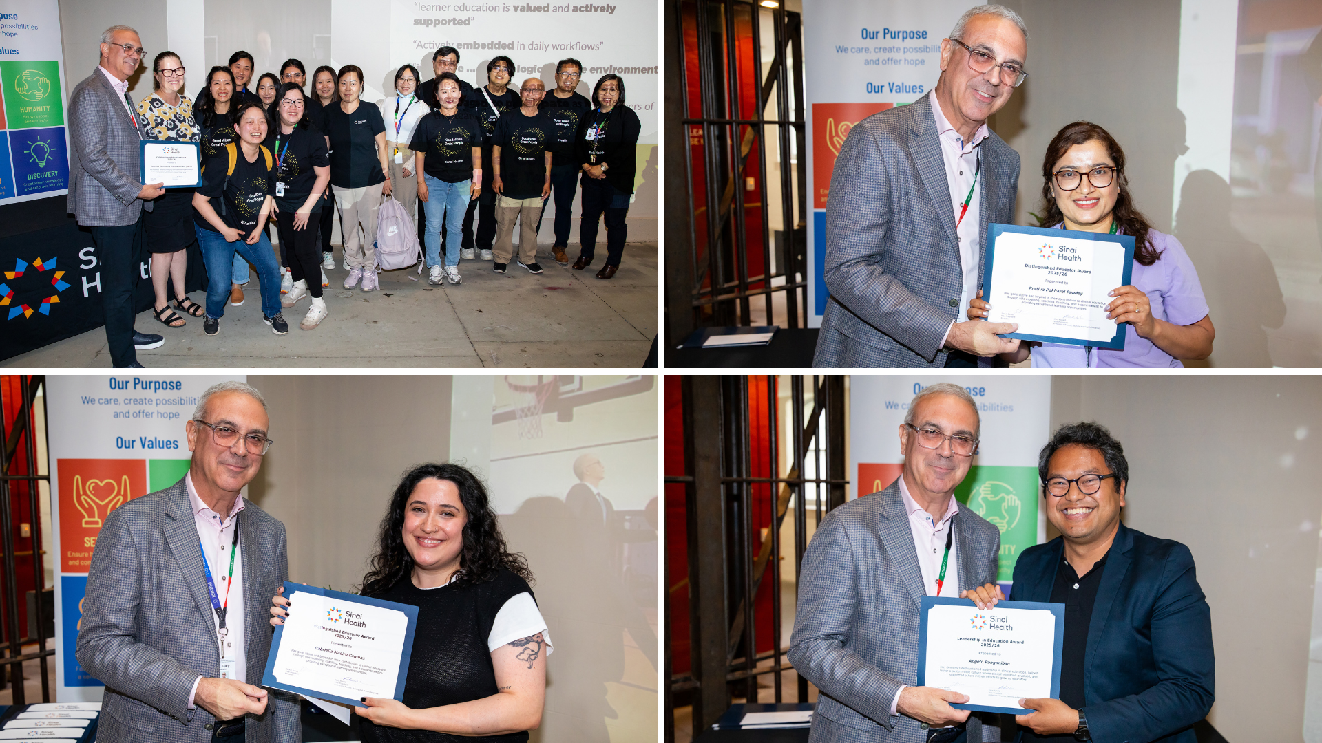 a grid of four different photos. Each photo shows winners of the Excellence in Education Awards receiving their certificates from Dr. Gary Newton, Sinai Health President and CEO. One photo is a large group and the other three are each individuals who won the award