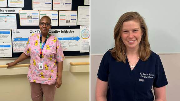 Two separate photos. On one side a woman is standing in front of a bulletin board with information on it. She is wearing scrubs. The second photo is also a woman wearing scrubs standing in a hospital hallway.