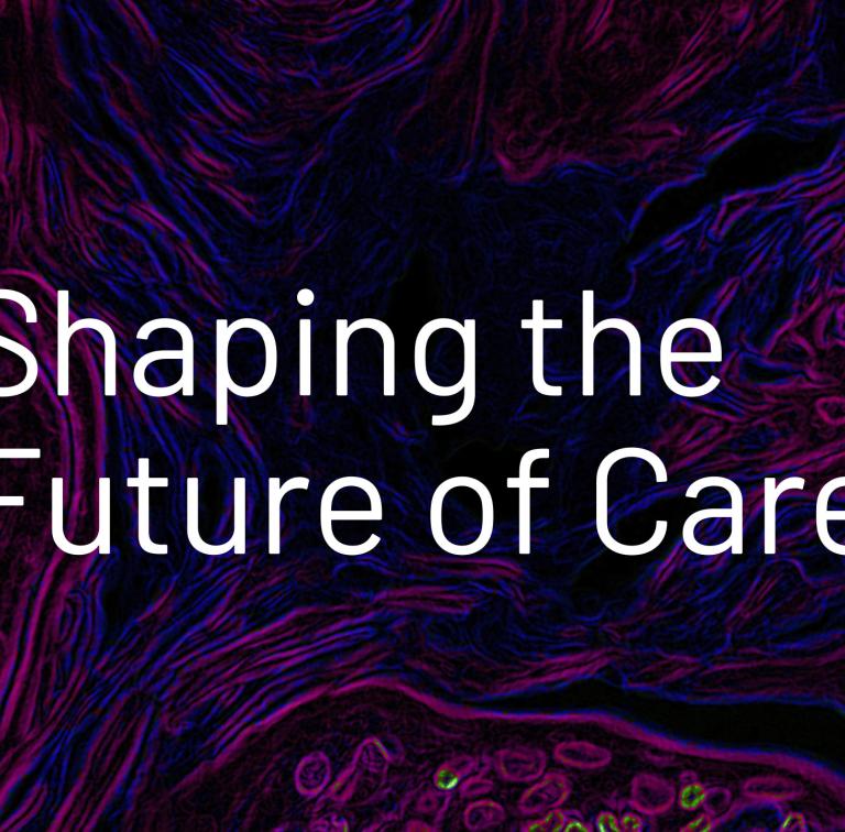 “White text reading ‘Shaping the Future of Care’ over a vibrant abstract background resembling microscopic or cellular imagery in purple, blue, and pink tones.