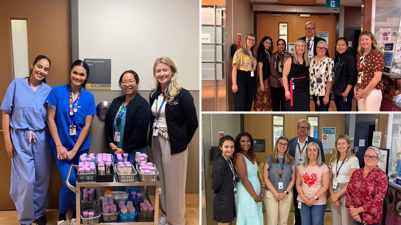 Three photos together in a composite photo. On the left is a photo of some health care professionals with a cart that has containers that will be used to hold milk for NICU infants. on the right there are two photos of health-care professionals in a group in the hospital hall. They are looking at the camera, smiling.