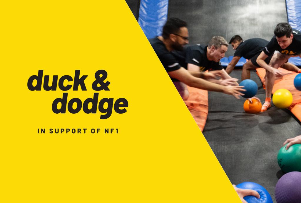 Yellow background with Duck and Dodge logo and photo of men playing dodgeball