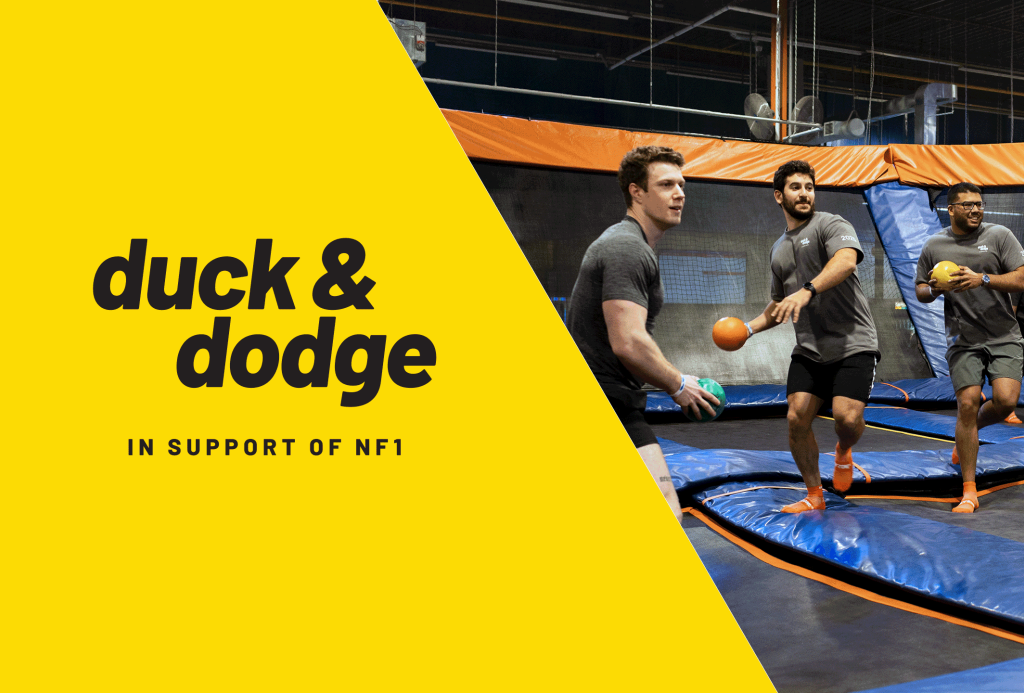 Duck & Dodge event promo with text ‘In Support of NF1’ and people playing dodgeball on trampoline courts