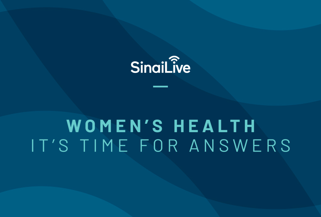 Dark background with text that reads sinai live women's health, it's time for answers
