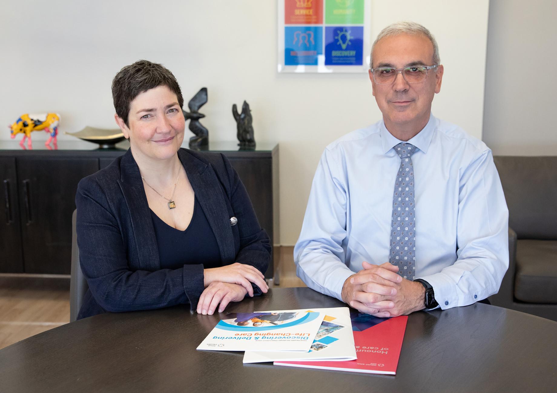 Images of Anne-Claude Gingras (left) and Dr. Gary Newton (right) sitting at a table.