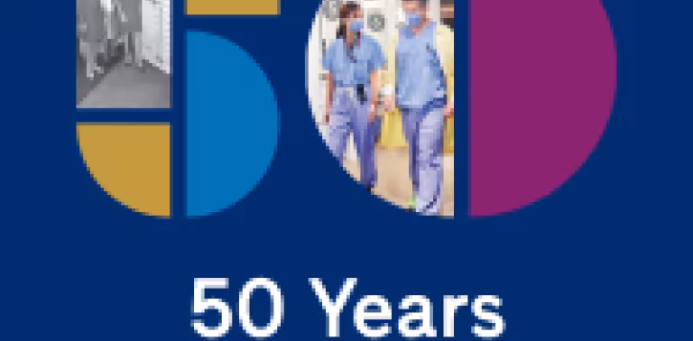 Graphic with abstract circular shapes in blue, pink, and gold, featuring healthcare workers in the center and the text “50 Years of Impact.”