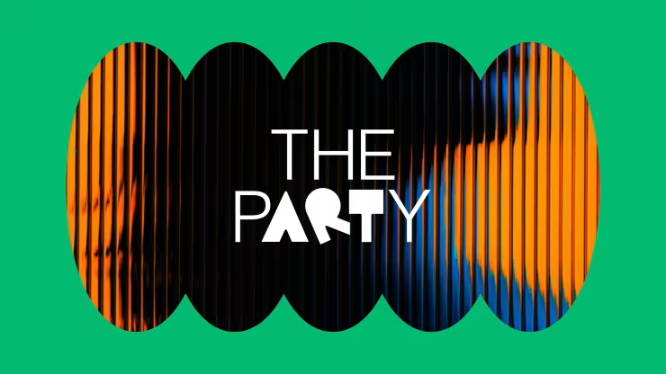 White logo that says the party on top of orange and green abstract art