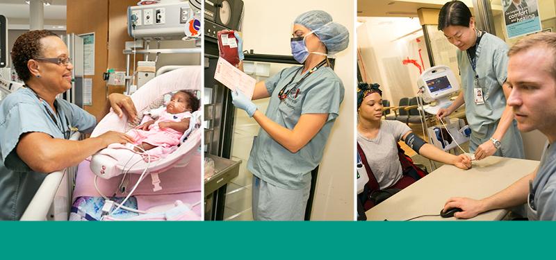 A gallery of photos showing health-care providers in action. In one photo a baby is being taken care of. In another photo a health-care professional is looking at admin work and in the last photo a patient is getting their blood pressure checked.