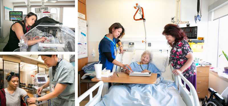 Composite image of various healthcare workers helping patients.