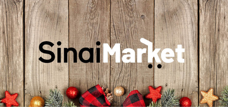 Graphic with text saying Sinai Market with holiday decorations underneath.