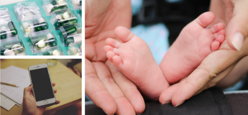Hands wrapped gently around newborn baby's feet