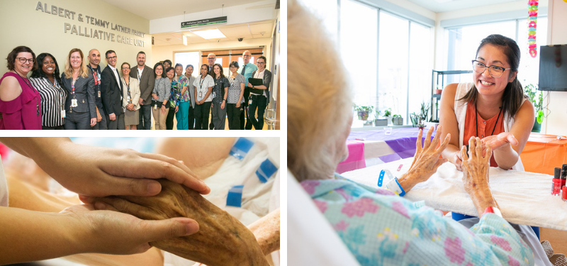 Palliative care team; health care worker holding a patient's hand and smiling
