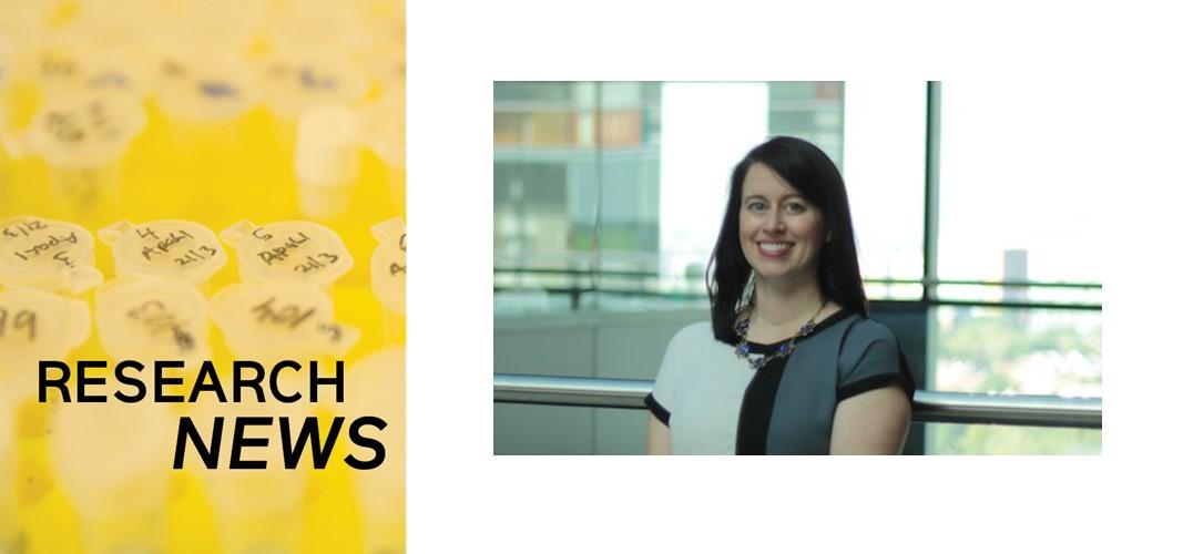 Headshot of a woman next to a graphic saying research news
