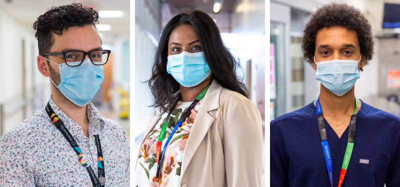 Amir, Thevaki and Brook pose in the hallways at Bridgepoint Active Healthcare and Mount Sinai Hospital.