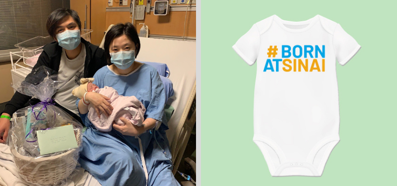 Charlie sits on a hospital bed next to Chen as she holds their new baby girl.