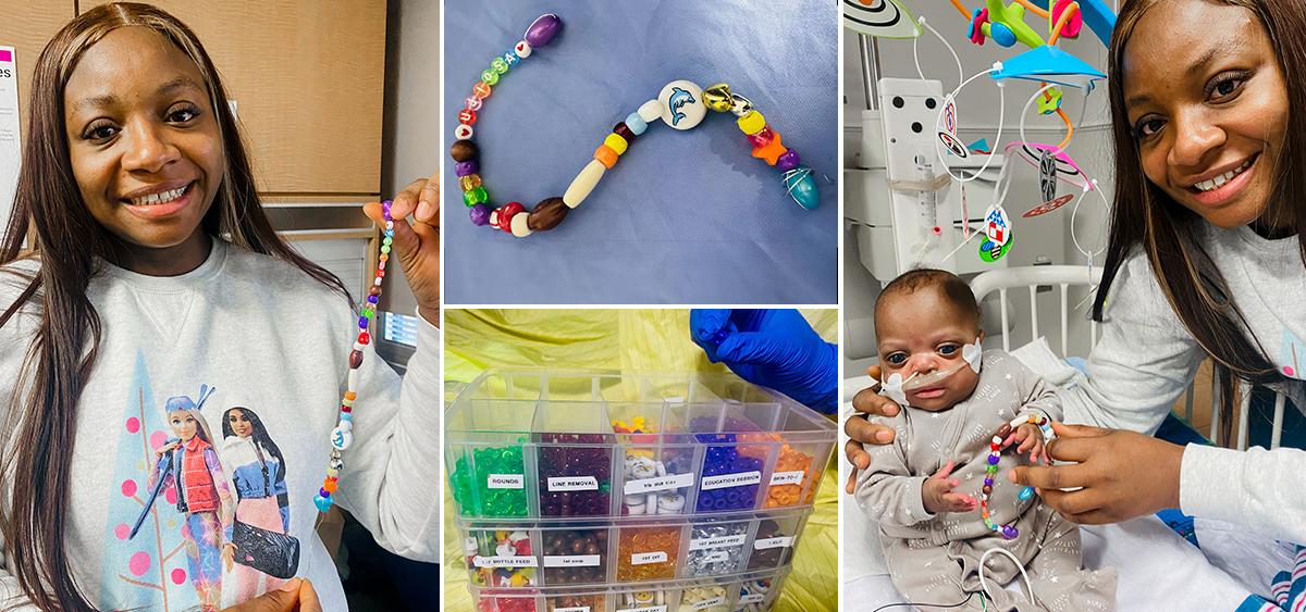 Collage of of pictures with a mother and her baby and the bracelet created out of beads.
